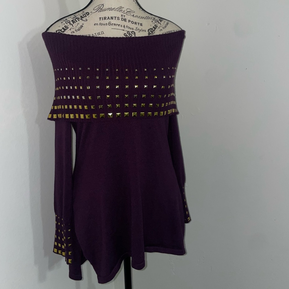 Vintage Questions Purple Off Shoulders Gold Tone Studded Sweater Dress, Size S-M